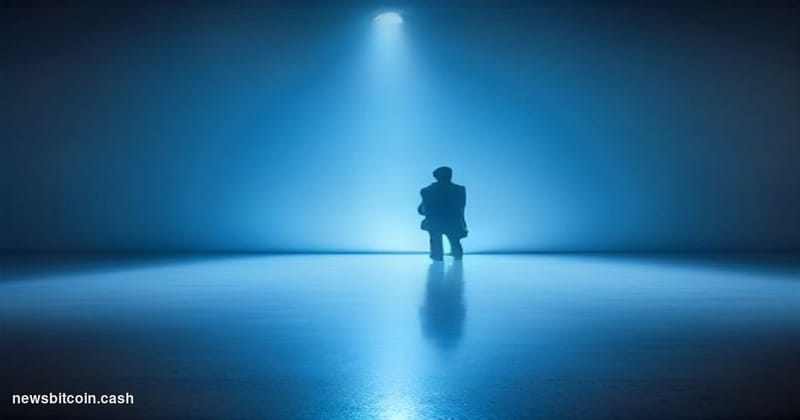 Cinematic photorealistic editorial photograph of a sleek, darkened Apple-style keynote auditorium shot from low angle toward 