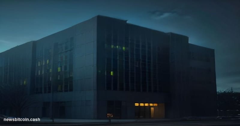 A cinematic photorealistic editorial photograph of the SEC headquarters building in Washington D.C. — the brutalist concrete 