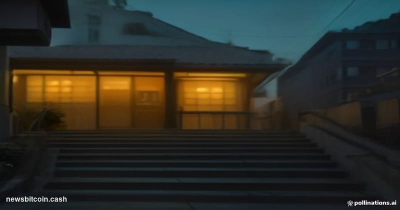 Cinematic photorealistic editorial photograph of Coinbase's San Francisco office exterior at dusk, warm amber streetlights ca