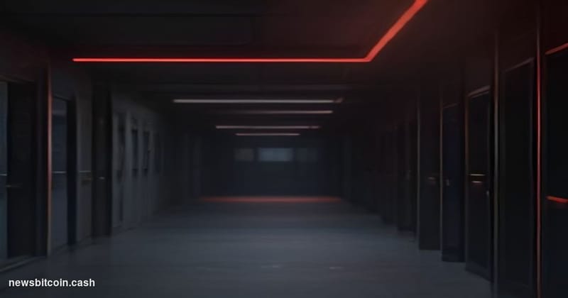 Cinematic photorealistic editorial photograph shot from a low angle looking up at a dark server room corridor, with rows of b