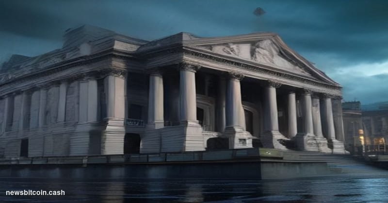 Cinematic photorealistic editorial photograph of the Bank of England's iconic neoclassical stone facade on Threadneedle Stree