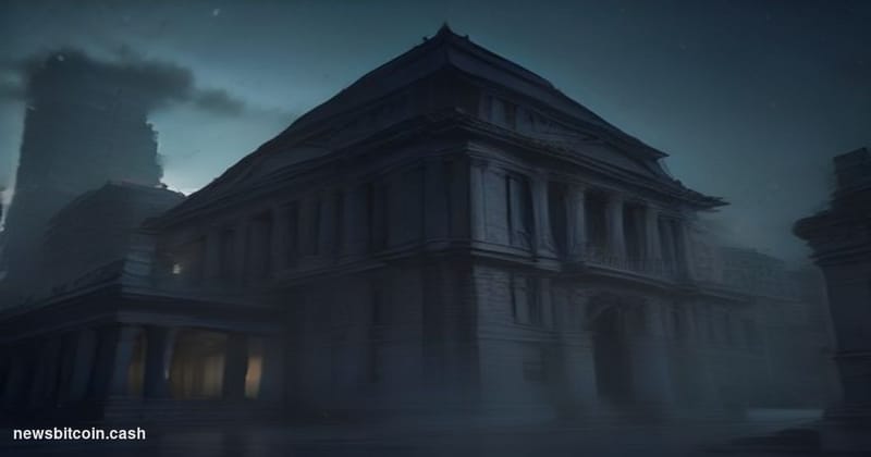 Cinematic photorealistic editorial photograph of the Bank of Japan's imposing neoclassical headquarters building in Chuo, Tok