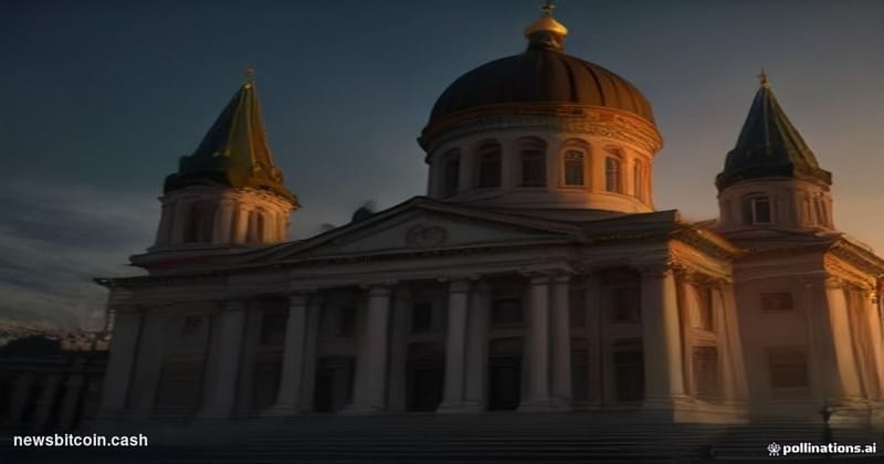 Cinematic photorealistic editorial photograph of the Bank of Russia's neoclassical headquarters in Moscow, shot at dusk from 