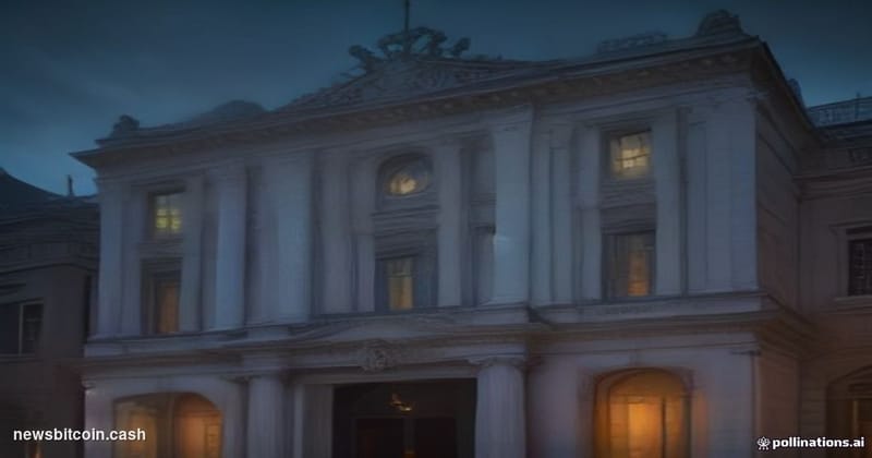 Cinematic photorealistic editorial photograph of a grand European banking institution's stone facade — think Frankfurt or Ams