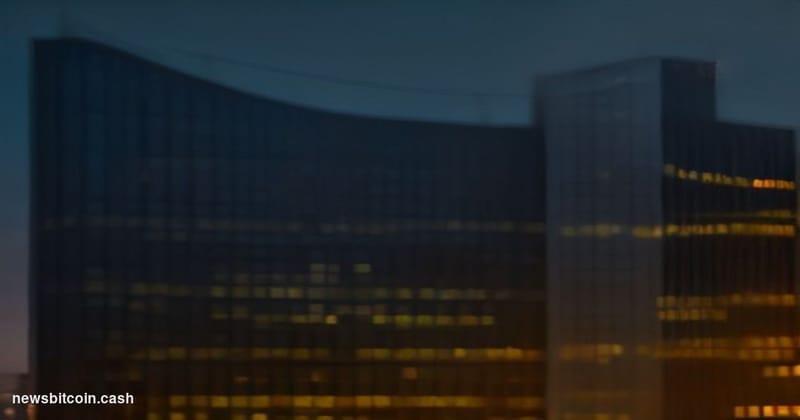 Cinematic photorealistic editorial photograph of the Barclays corporate headquarters in Canary Wharf, London, shot at dusk wi