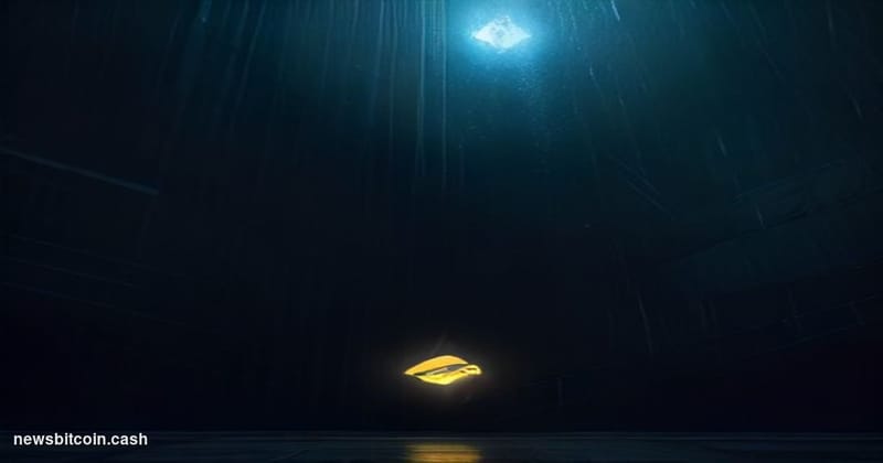 Cinematic photorealistic editorial photograph, dramatic low-angle shot of the Ethereum Foundation's recognizable geometric br