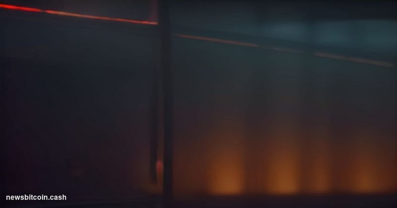 Cinematic photorealistic editorial photograph of a large illuminated Bitcoin price chart displayed on a massive trading floor
