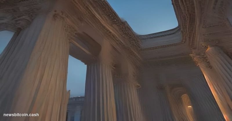 Cinematic photorealistic editorial photograph of the United States Treasury Building in Washington D.C., shot at dusk from a 