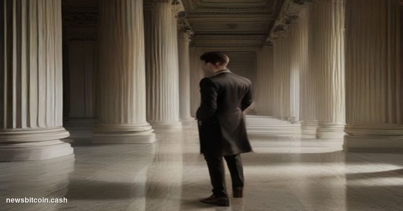A cinematic photorealistic editorial photograph set inside a grand Federal Reserve-style banking hall, with towering marble c