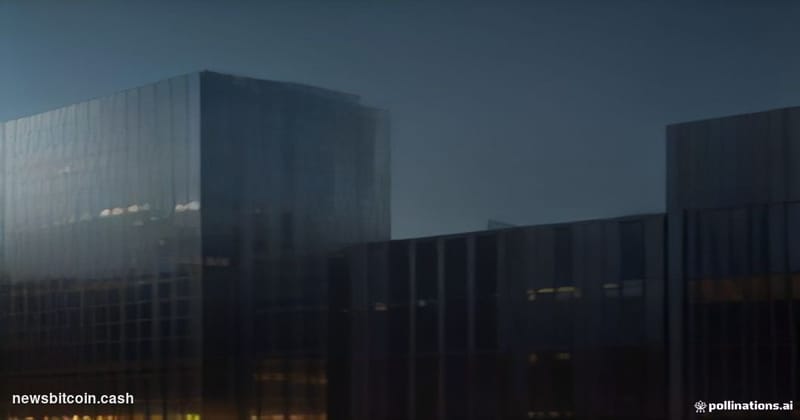 A cinematic photorealistic editorial photograph of the Binance global headquarters exterior at dusk, dramatic side-lighting c