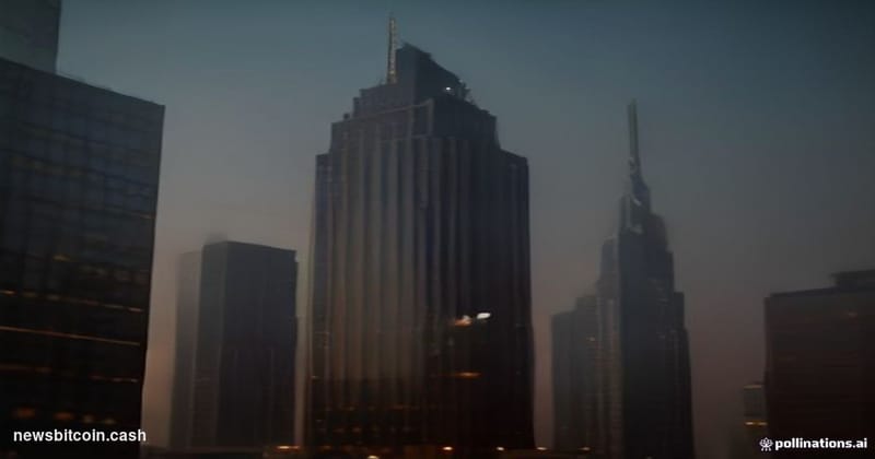 A cinematic photorealistic editorial photograph of the Binance headquarters exterior in Dubai, shot from a low angle at dusk 