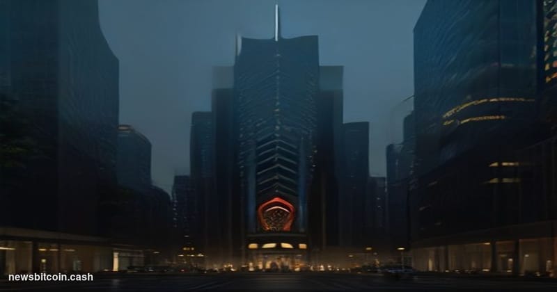 Cinematic photorealistic editorial photograph of the Binance headquarters exterior in Dubai's financial district, shot at dus