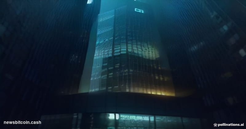 Cinematic photorealistic editorial photograph of four illuminated corporate building facades arranged in a dramatic nighttime