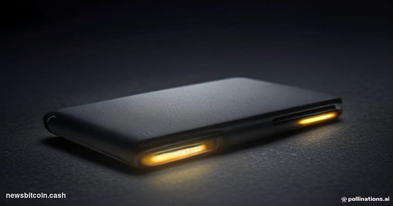 A cinematic photorealistic editorial photograph of a sleek BitBox hardware wallet device resting on a dark brushed-metal surf