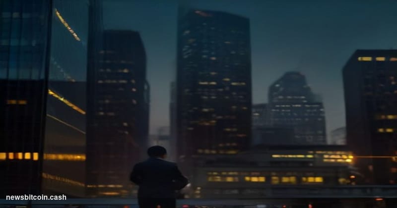Cinematic photorealistic editorial photograph of a Wall Street financial district scene at dusk, with a massive illuminated t