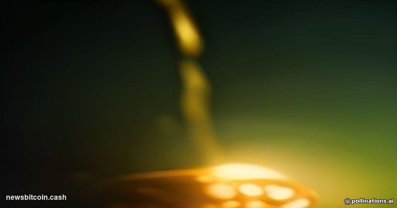Cinematic photorealistic editorial photograph of a dramatic close-up of a glowing Bitcoin gold coin in sharp focus in the for