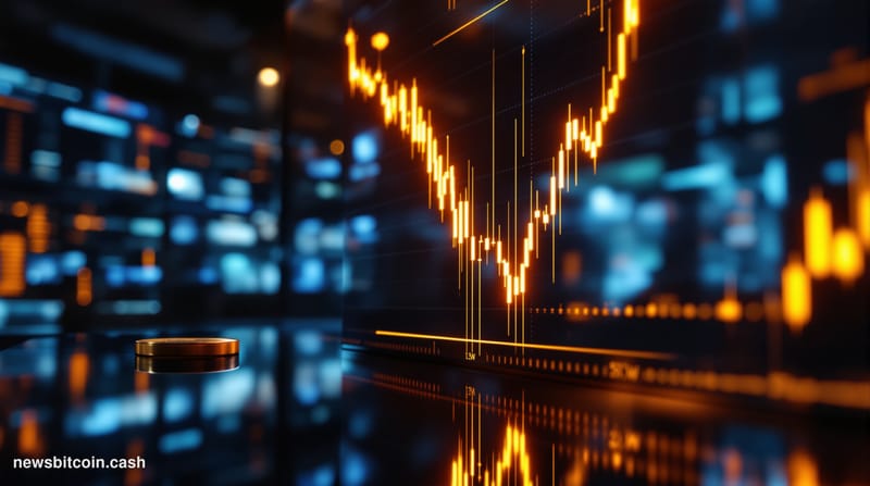 Cinematic photorealistic editorial photograph of a glowing Bitcoin price chart terminal in a darkened trading floor environme
