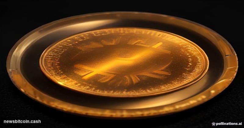 Cinematic photorealistic editorial photograph of a physical gold Bitcoin coin balanced precariously on the edge of a glass su