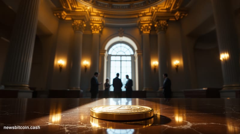 A cinematic photorealistic editorial photograph set in the dramatic marble-and-glass interior of the Federal Reserve's Washin