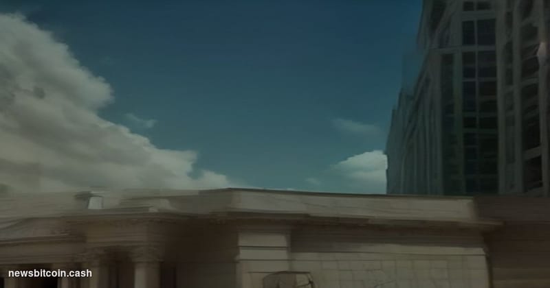 A cinematic photorealistic editorial photograph shot from a low angle looking up at the Marriner S. Eccles Federal Reserve Bu