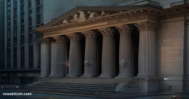 A cinematic photorealistic editorial photograph of the New York Stock Exchange building on Wall Street at dusk, with warm amb