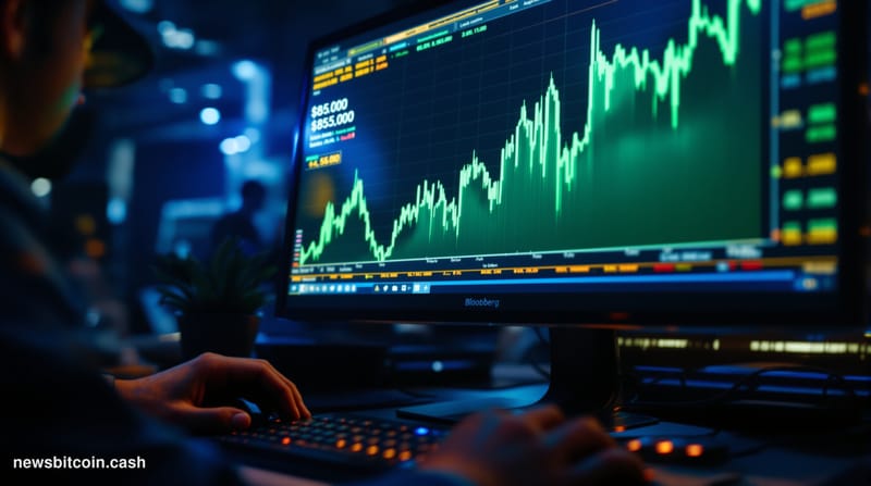 Cinematic photorealistic editorial photograph of a Bloomberg terminal screen in a dimly lit trading floor environment, displa