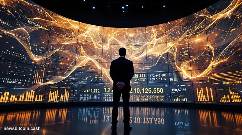 Cinematic photorealistic editorial photograph of a dimly lit financial operations center, shot from a low angle looking up at
