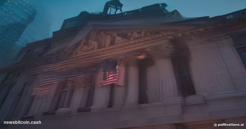 Cinematic photorealistic editorial photograph of the New York Stock Exchange building exterior on Wall Street at dusk, dramat