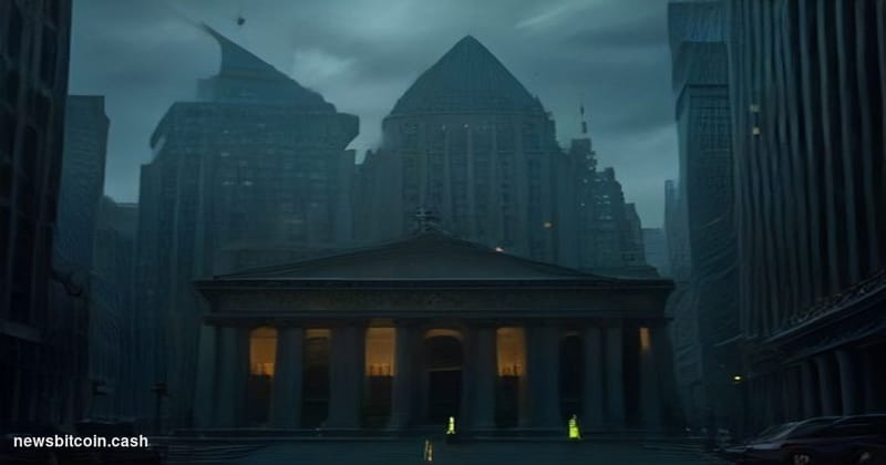 A cinematic photorealistic editorial photograph of the Wall Street financial district in lower Manhattan, shot at dawn with d