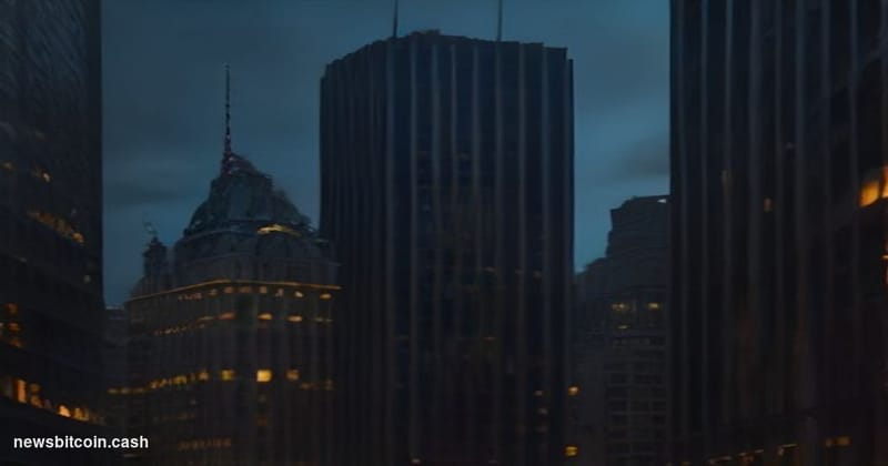 Cinematic photorealistic editorial photograph of Wall Street's financial district in New York City at dusk, with the iconic n