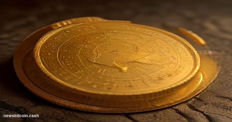 Cinematic photorealistic editorial photograph of a physical gold-toned Bitcoin coin resting on a map of the Middle East, with