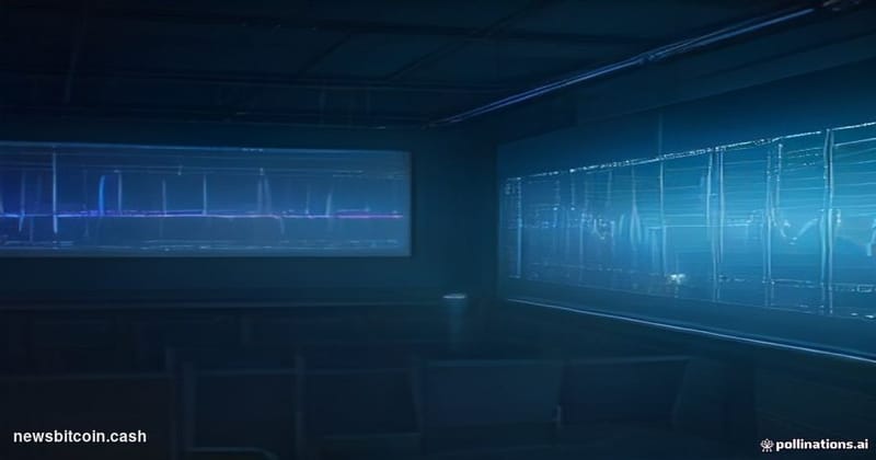 A cinematic photorealistic editorial photograph of a large digital trading terminal displaying a Bitcoin price chart in sharp