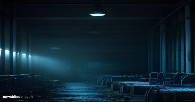 Cinematic photorealistic editorial photograph of a Bitcoin mining facility shot from a wide low angle, rows of ASIC mining ri