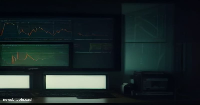 Cinematic photorealistic editorial photograph of a large Bloomberg terminal monitor array in a dimly lit trading desk environ
