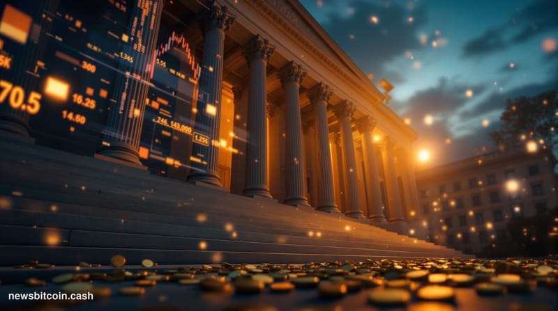 Cinematic photorealistic editorial photograph of the U.S. Treasury building in Washington D.C. at dusk, shot from a low angle