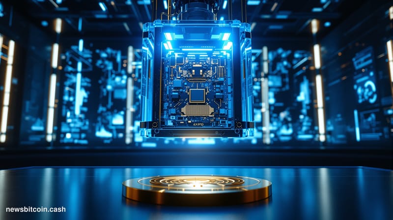 A cinematic photorealistic editorial photograph set in a quantum computing research laboratory at night, with dramatic cool-b