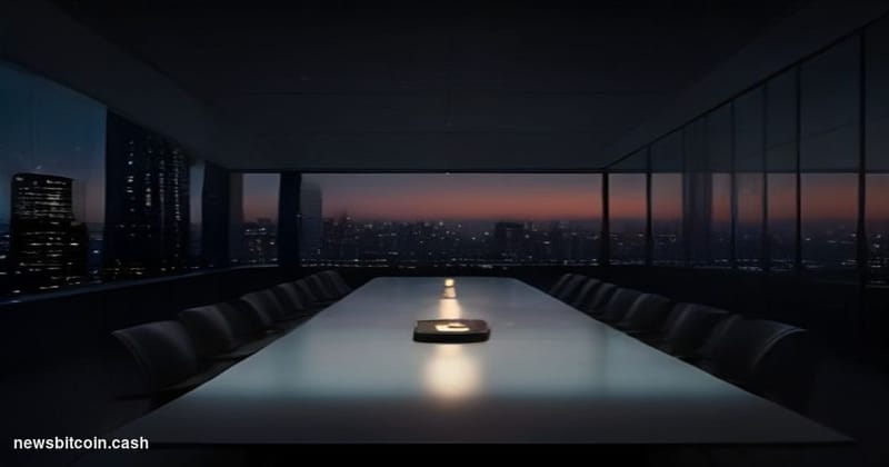 Cinematic photorealistic editorial photograph of a sleek corporate boardroom in a glass-walled skyscraper, shot from a low an