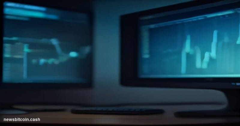 Cinematic photorealistic editorial photograph of a Bitcoin-themed trading floor environment bathed in cool blue ambient light