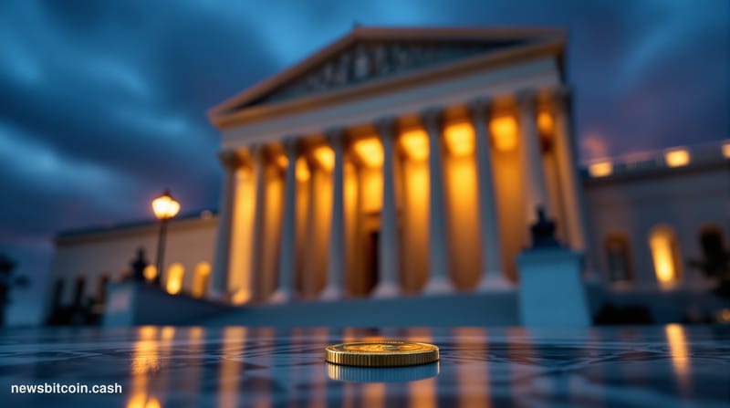 A cinematic photorealistic editorial photograph of the Federal Reserve Building in Washington D.C. shot from a low angle at d