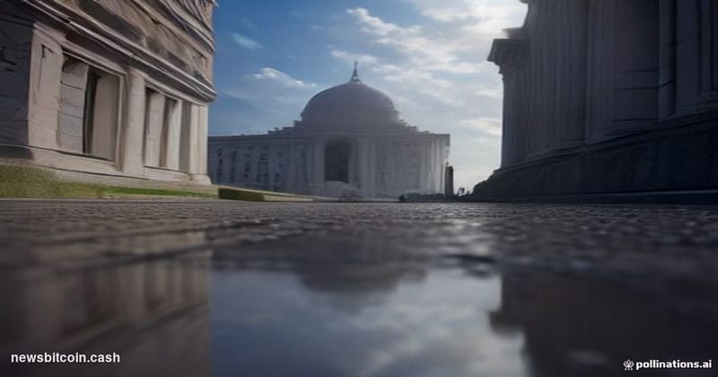 Cinematic photorealistic editorial photograph shot from a low angle looking up at the Federal Reserve building in Washington 