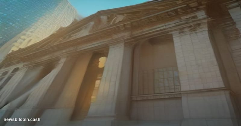 Cinematic photorealistic editorial photograph of the New York Stock Exchange building on Wall Street at dawn, dramatic low-an