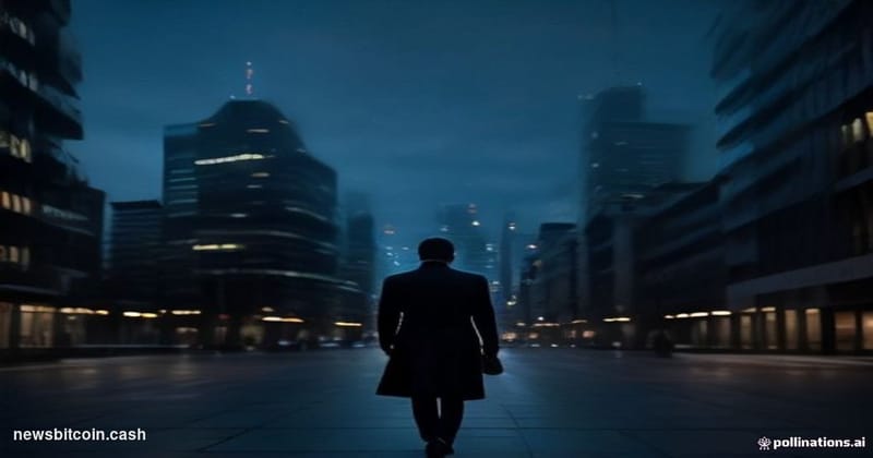 Cinematic photorealistic editorial photograph of a sleek Swiss financial district street in Zug or Zurich at dusk, with a mod