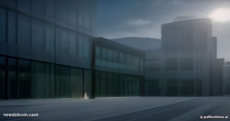 Cinematic photorealistic editorial photograph of a sleek modern corporate office building in Zug, Switzerland — the crypto va