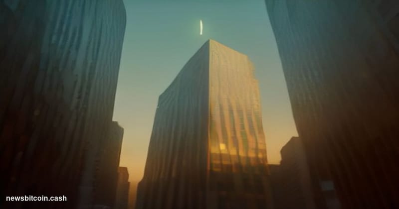 A cinematic photorealistic editorial photograph shot at golden hour from a low angle looking up at a glowing Bitcoin symbol r
