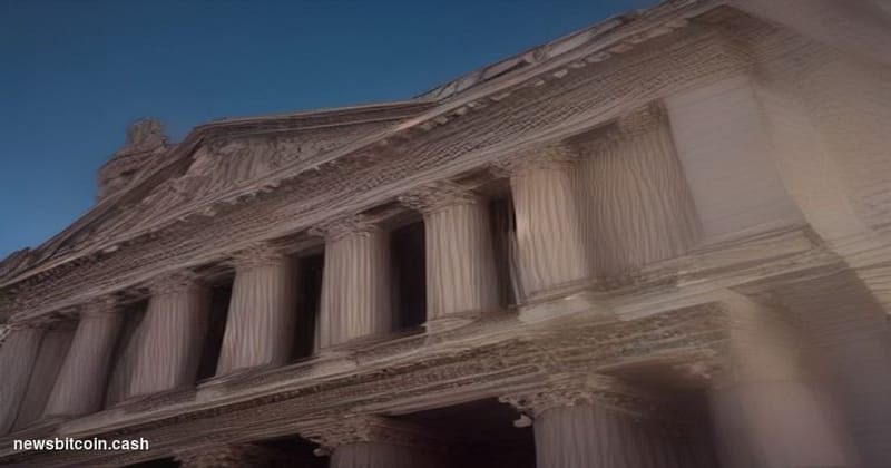 A cinematic photorealistic editorial photograph shot from a low angle looking up at the United States Treasury Building in Wa