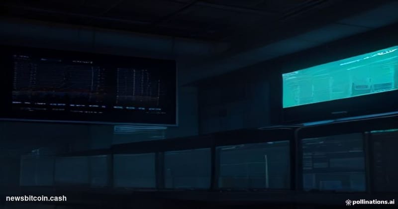 Cinematic photorealistic editorial photograph of a high-tech trading operations floor, shot from a low angle looking up at a 