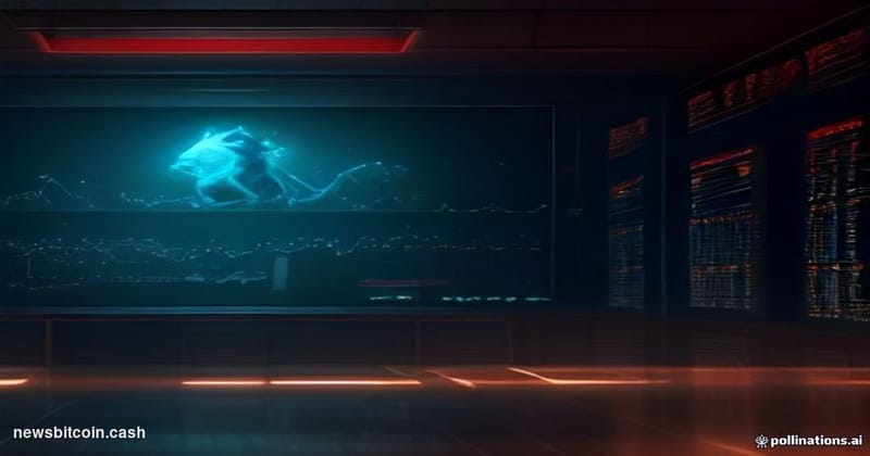 A cinematic photorealistic editorial photograph set in a dimly lit financial trading floor, with a large central screen displ