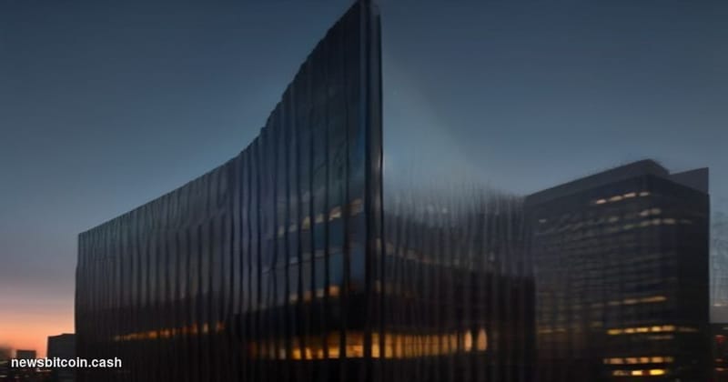 Cinematic photorealistic editorial photograph of BlackRock's Manhattan headquarters at 50 Hudson Yards, shot from a low angle