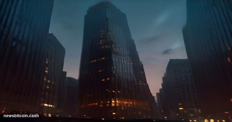 Cinematic photorealistic editorial photograph of BlackRock's Manhattan headquarters at 50 Hudson Yards, shot from a low stree