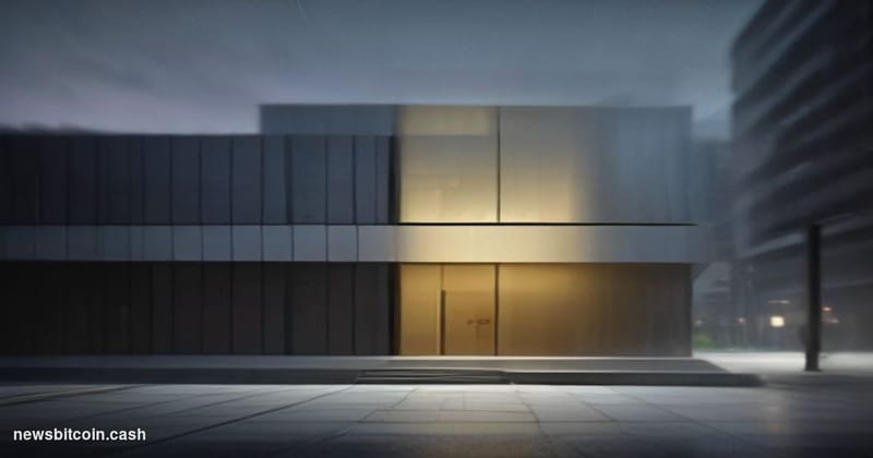 Cinematic photorealistic editorial photograph of a sleek modern bank branch exterior at dusk, with a minimalist stone-and-gla